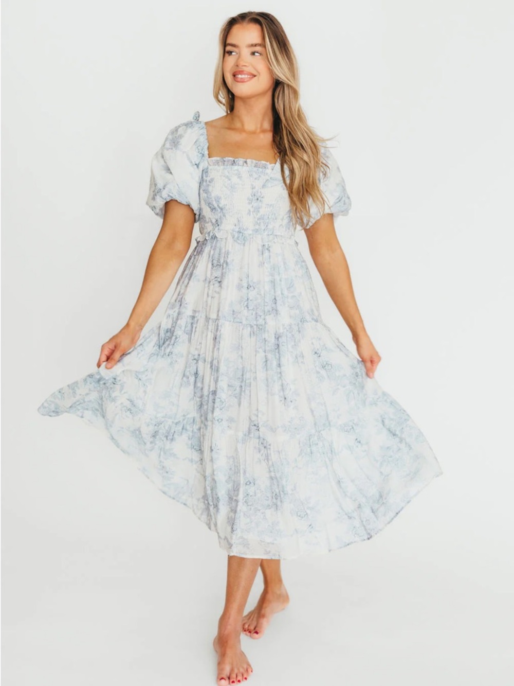 Worth Collective Elena 100% Cotton Toile Print Smocked Midi Dress in Blue